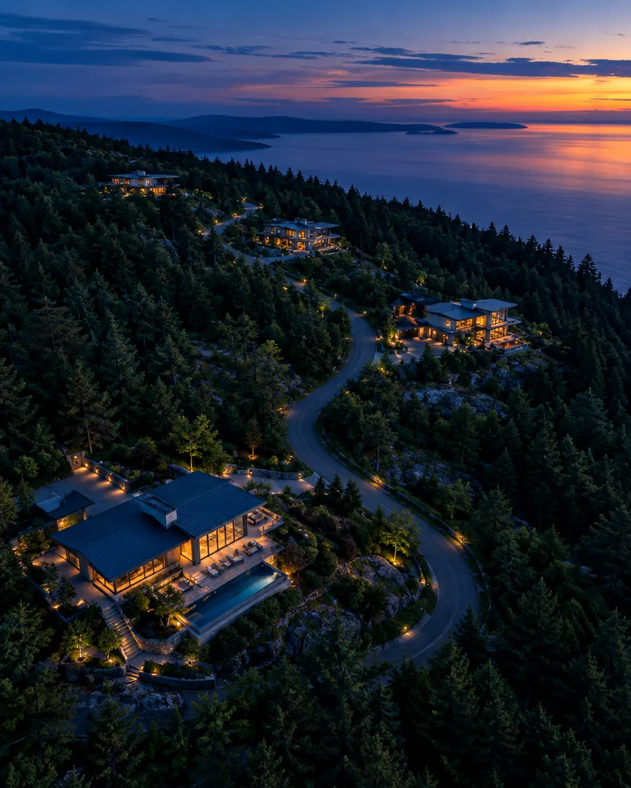 Hillside estate from the air at twilight