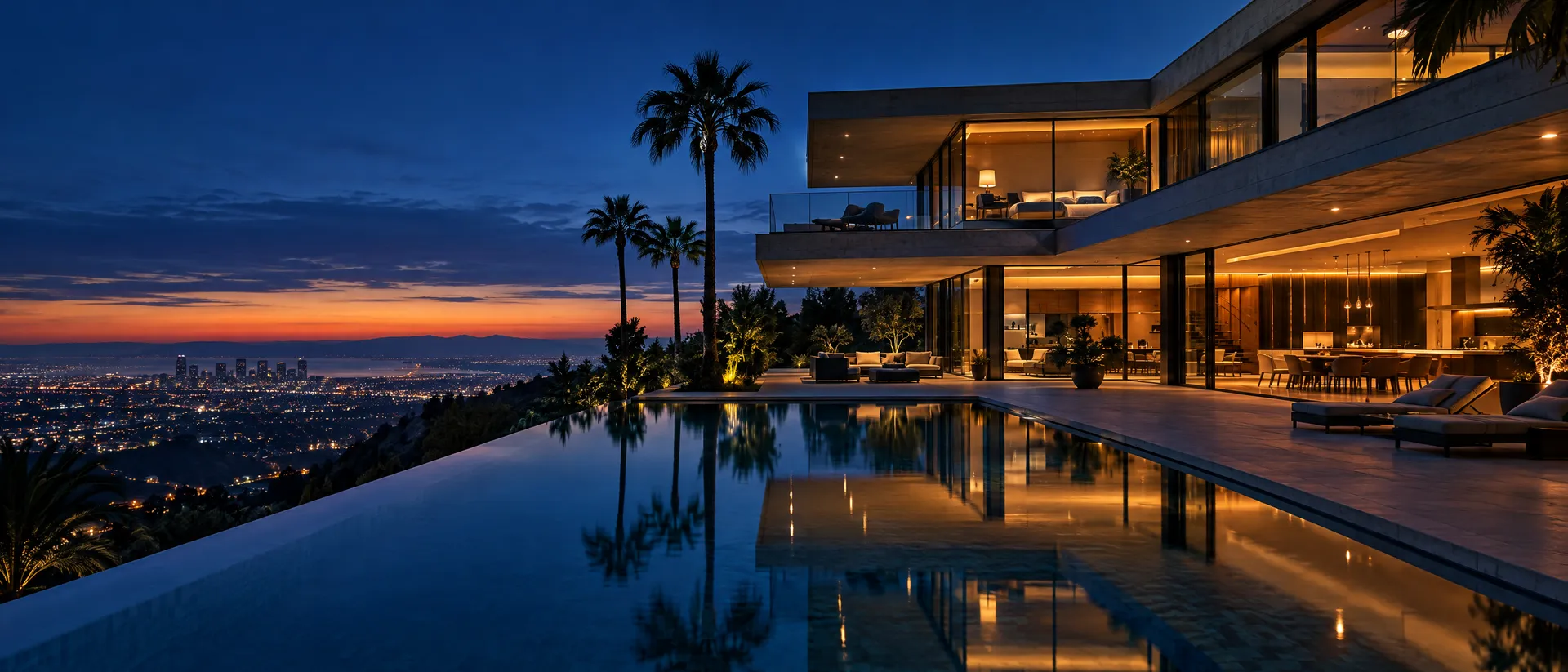 Cantilevered villa above a lit pool at dusk