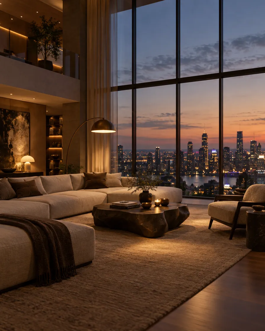 Double-height living room at dusk